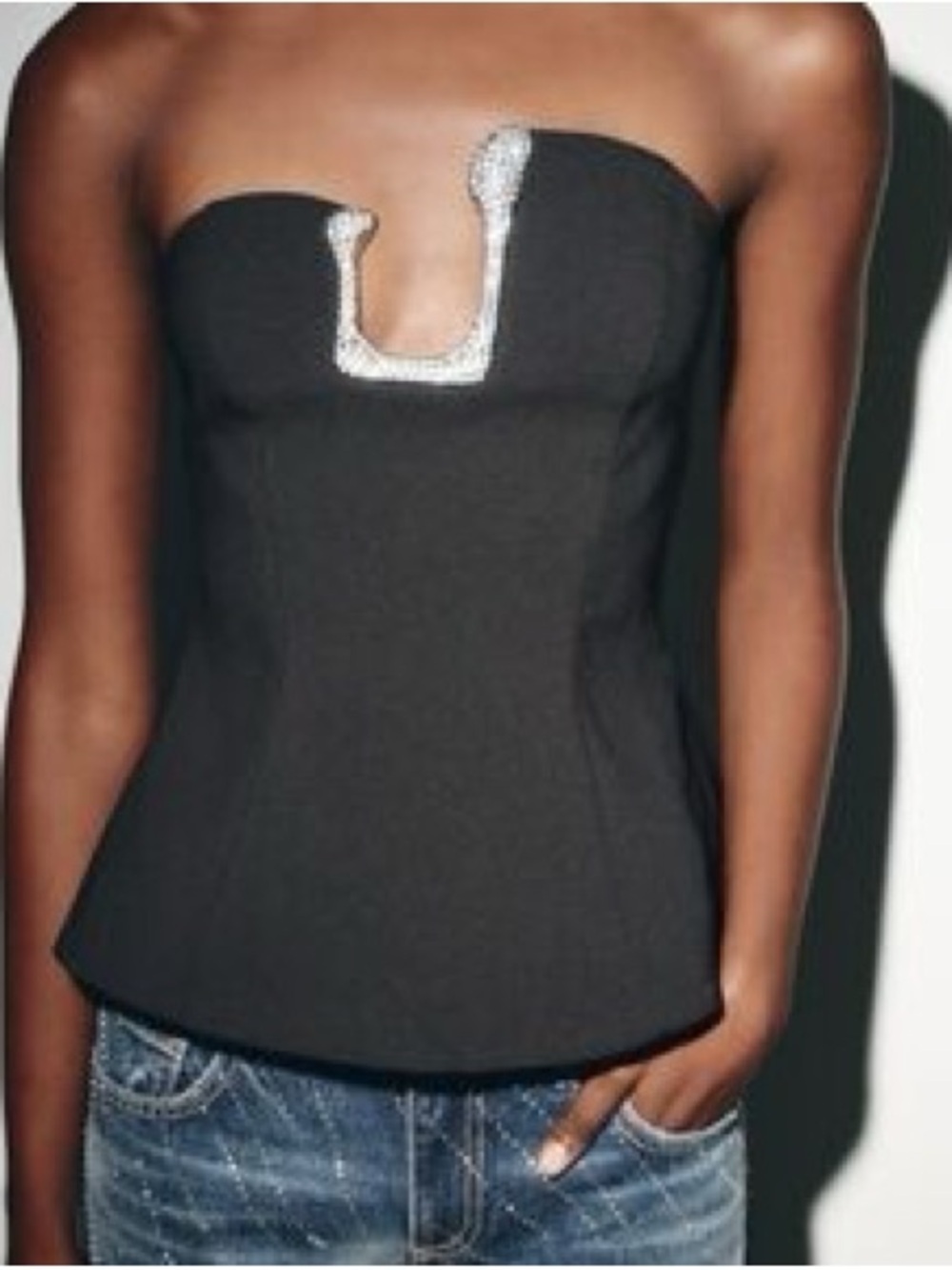 Zara Black Strapless Bustier with Silver Embellished Neckline